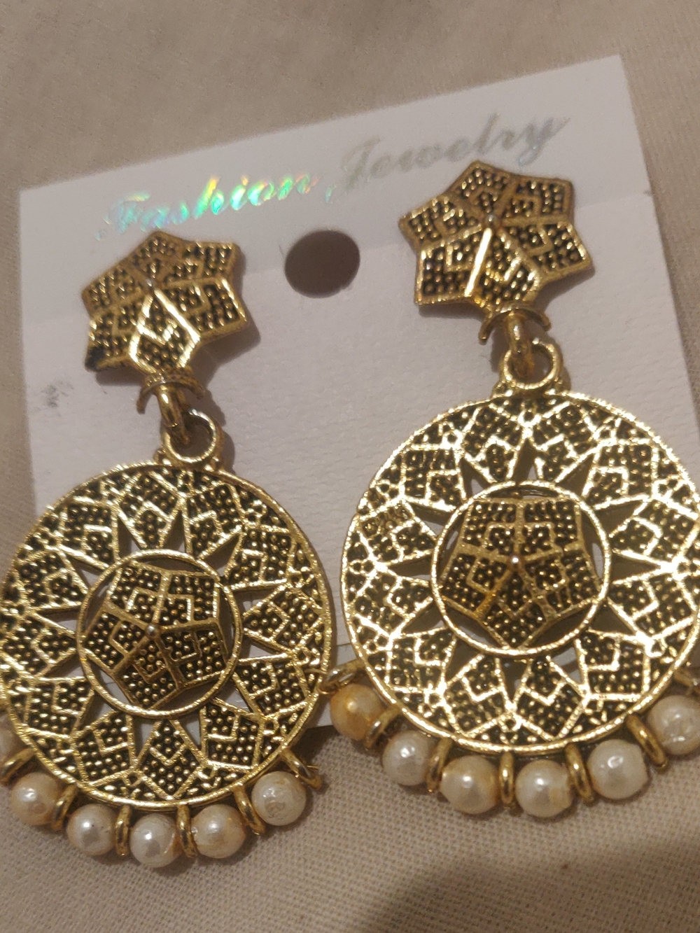 Gold Filigree Drop Earrings with Pearl Accents - Fashion Jewelry